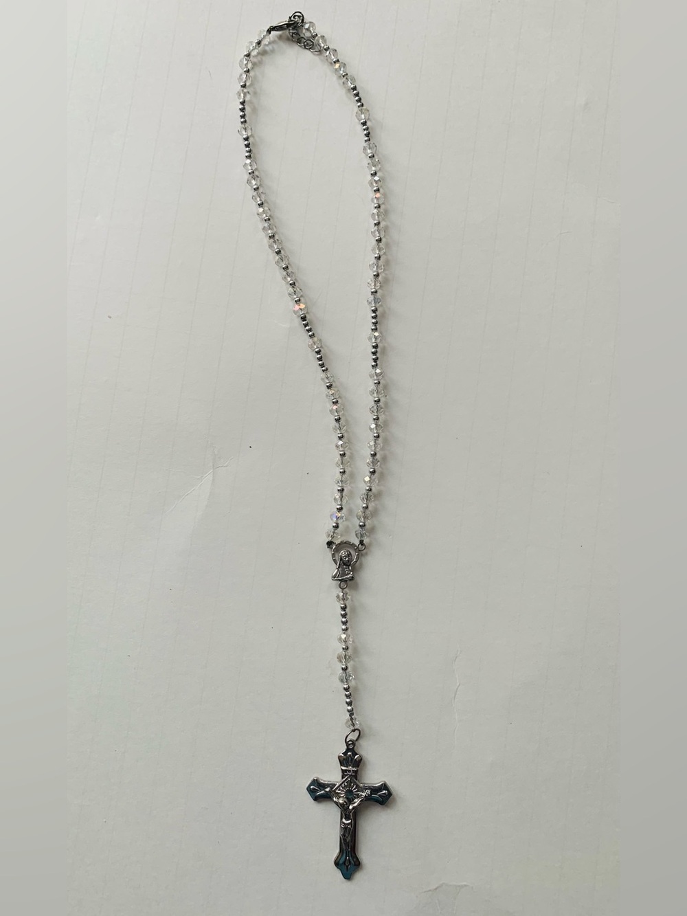 Childs Clear And Silver Colored Beads And Silver Color Metal Rosary Necklace 15"